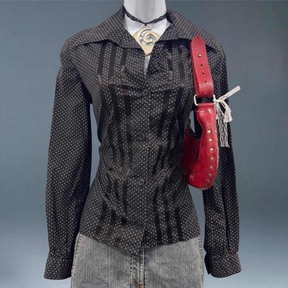 Vintage Y2K Liberty of London Black Polka Dot Button Down Blouse Cotton